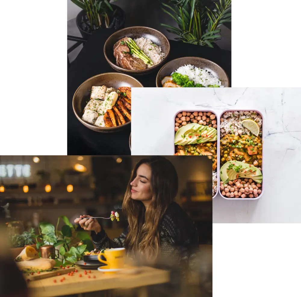 Woman enjoying food, meals in storage container, 
              and food bowls on a table